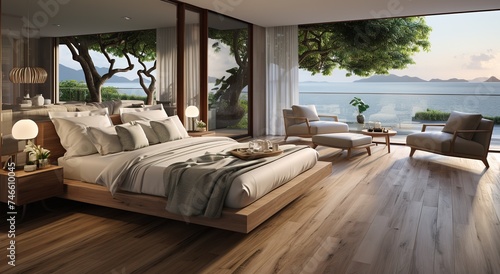 a bedroom with wood floors, a television and a lake view, in the style of calm seas and skies, reefwave, vacation dadcore, refined aesthetic sensibility
