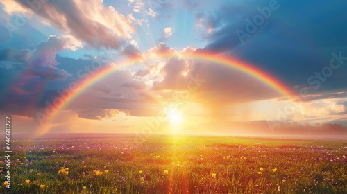 Full Rainbow Arc over Sunlit Flower Meadow at Sunrise