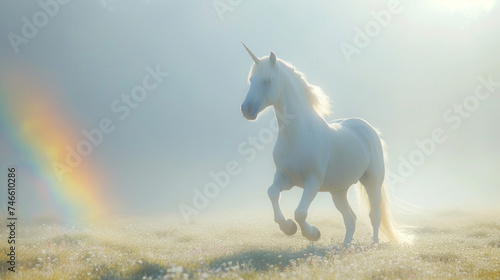 Magic unicorn in blossoming meadow, fairytale atmosphere © Kondor83