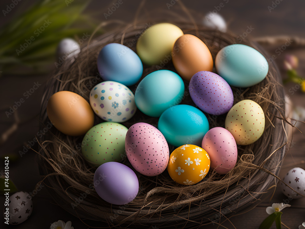 Nest full of colorful Easter eggs