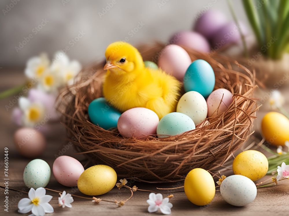 Nest full of colorful Easter eggs and cute little chicken