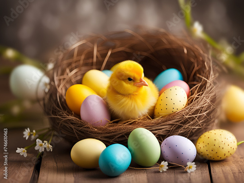 Nest full of colorful Easter eggs and cute little chicken © Katarzyna