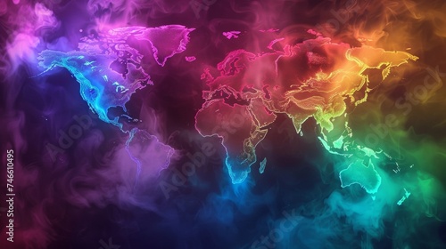 Rainbow Colored World Map With Clouds of Smoke