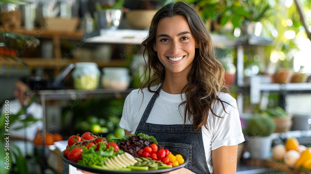 A smiling nutritionist holding a plate of healthy food