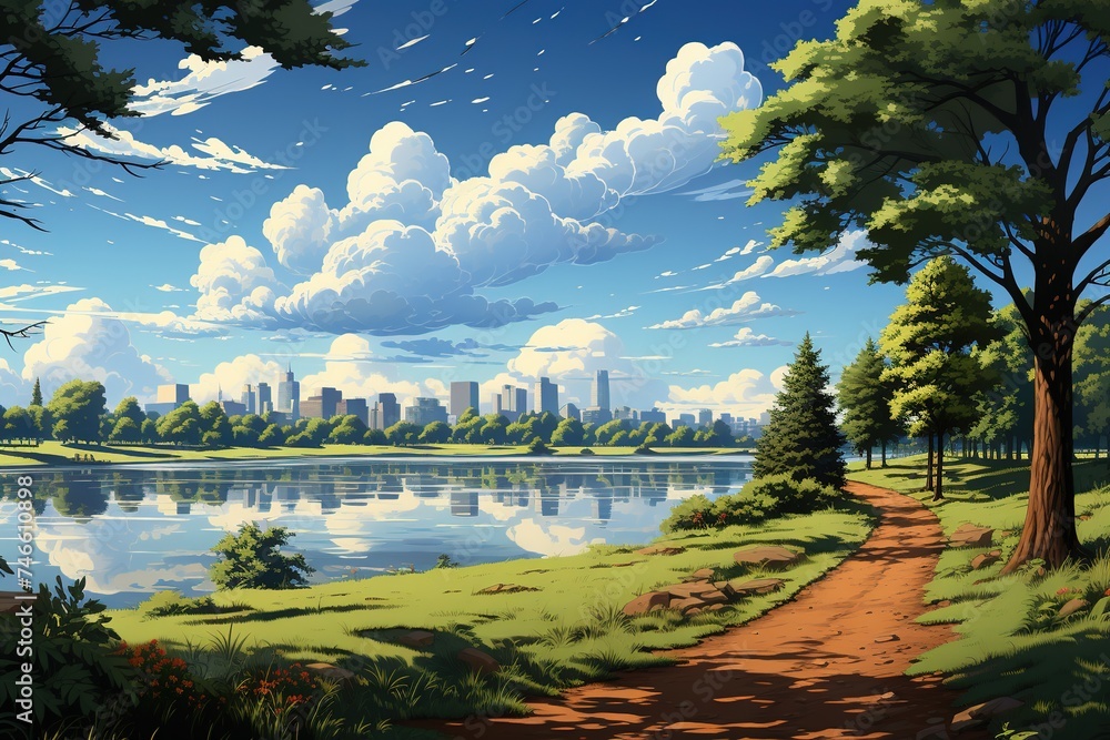 a big lake with trees and a view of the city, in the style of dc comics, flickr, light sky-blue and green, prairiecore, urban edge, hudson river school, high quality photo - obrazy, fototapety, plakaty 
