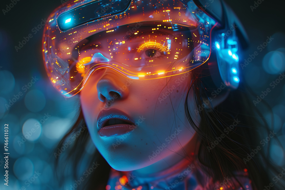young woman wearing a virtual realityr device in front of a city scene, magenta and light amber, retro-futuristic cyberpunk young woman wearing a virtual realityr device in front of a city scene, magenta and light amber, retro-futuristic cyberpunk