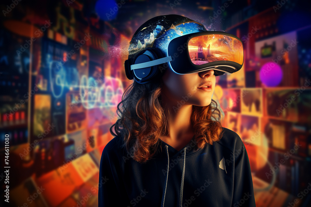 young woman wearing a virtual realityr device in front of a city scene, retro-futuristic cyberpunk young woman wearing a virtual realityr device in front of a city scene, retro-futuristic cyberpunk