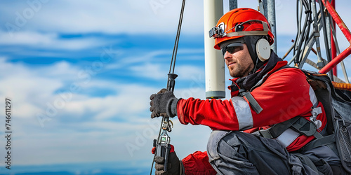 An engineer in protective gear works on top of a signal antenna. Works at altitude