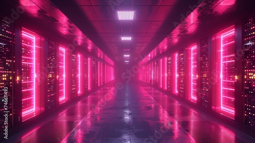 Futuristic Data Center Corridor with Neon Lights