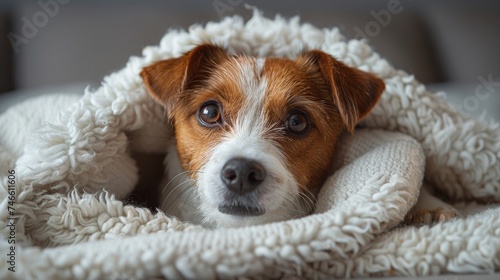 Brown and White Dog Laying Under Blanket
