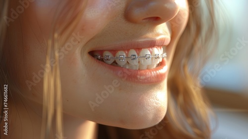 A close-up view of a woman smiling brightly, showing off dental braces on perfectly aligned teeth in natural light. The concept of orthodontic dental care