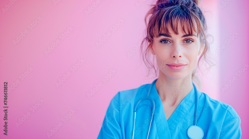 Retrato de uma enfermeira em fundo fotografico rosa - obrazy, fototapety, plakaty 