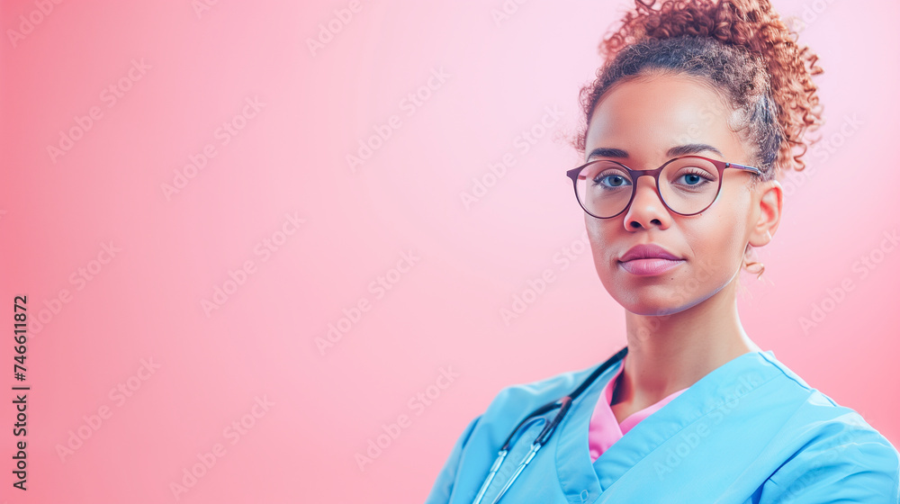 Retrato de uma enfermeira em fundo fotografico rosa - obrazy, fototapety, plakaty 