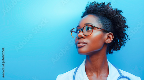 Médica negra em fundo azul