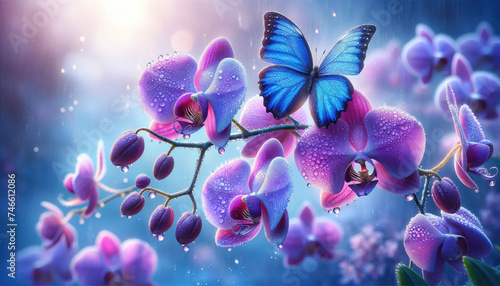 Beautiful Orchids on a bokeh background with butterfly morning fresh