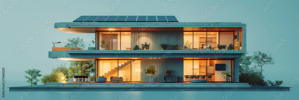custom made wallpaper toronto digitalmodern home with solar panels on flat roof, grey blue background (3)