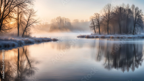 Winter lake  landscape at foggy morning.  © Katarzyna