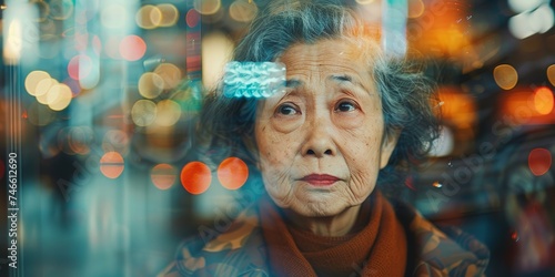 A senior Asian American woman, her hair reflecting a lifetime of grace and resilience, treasures a serene coffee moment within a double exposure image. 
