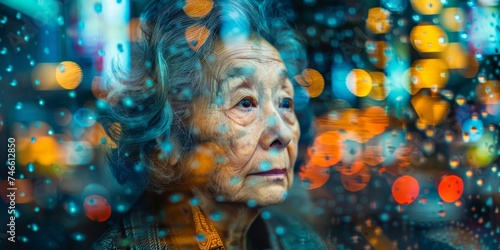 A senior Asian American woman  her hair reflecting a lifetime of grace and resilience  treasures a serene coffee moment within a double exposure image. 