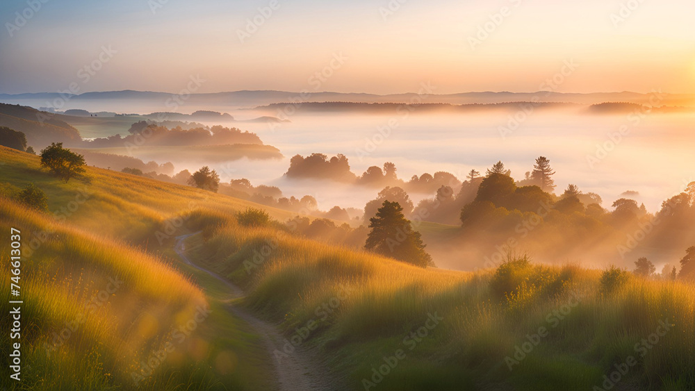 Summer foggy morning. Summer hills landscape.