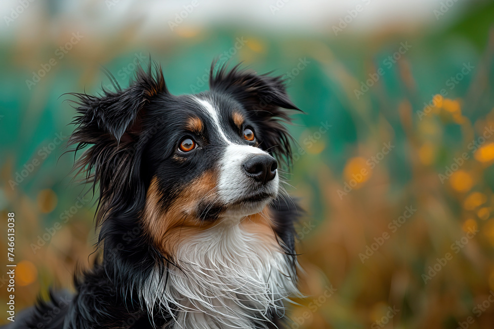 young male black and white border collie posing in the park. healthy. pedigree. purebred. The banner. Dog food and care products