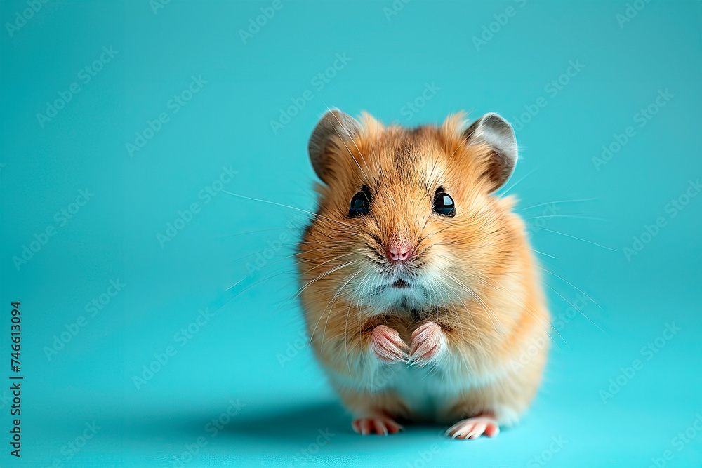 Hamster standing on its hind legs  on blue background. The banner. Rodent feed and care products