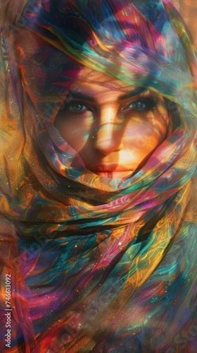 Arabic Woman Wearing Colorful Scarf Around Her Head