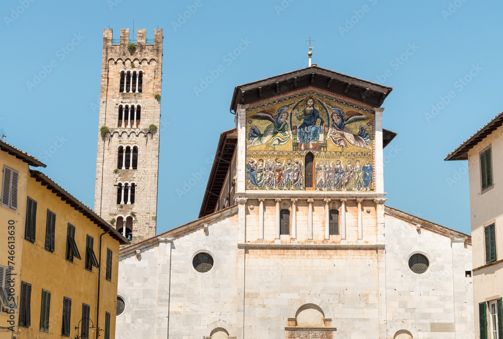 Facade of Basilica of San Frediano in old town Lucca, Tuscany, Italy