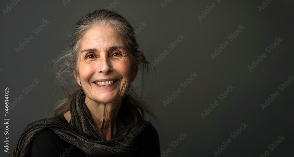 Portrait of a Happy Older Woman. Beauty of Old Days. Grey Background. Copy Space. 