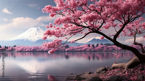 a blossoming cherry tree is against the background of the mountains, romantic riverscapes, flickr, massurrealism, eye-catching, ambitious © Smilego
