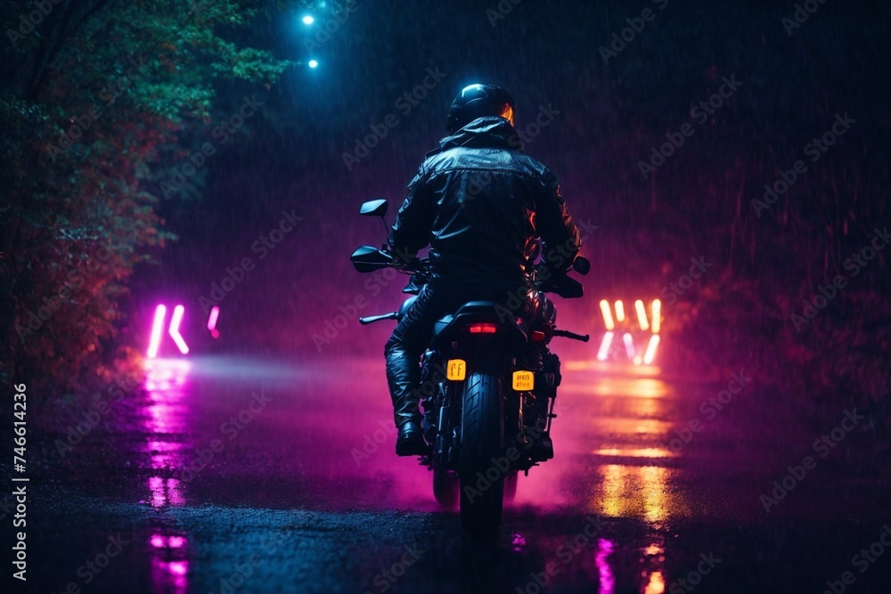 Person Riding Motorcycle on Wet Road. Generative AI.