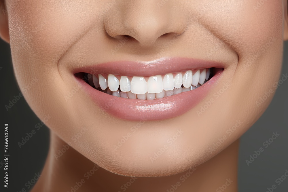 Close-up of a person confidently smiling with bright, flawless white teeth veneers for perfect smile Close-up of a person confidently smiling with bright, flawless white teeth veneers for perfect smile