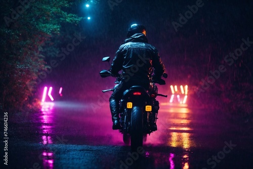 Person Riding Motorcycle on Wet Road. Generative AI. © theartofphoto