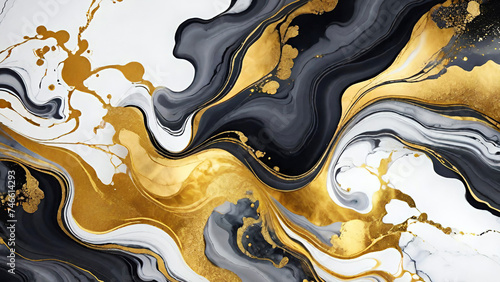 Abstract black and gold marble alcohol ink background.