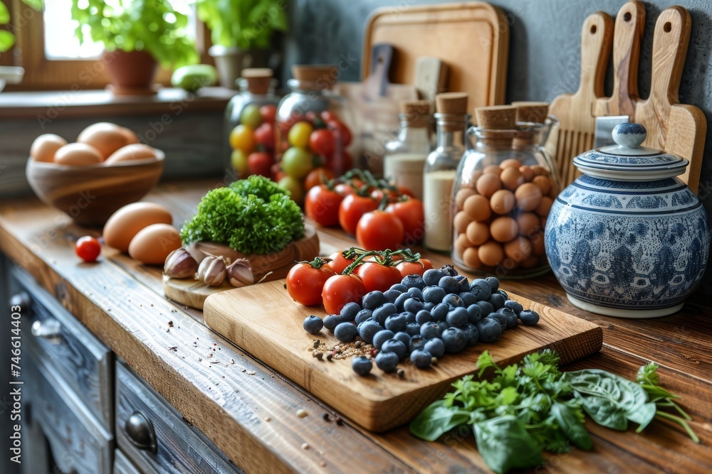 Various fresh kitchen ingredients displayed on a rustic kitchen counter for a healthy meal preparation Various fresh kitchen ingredients displayed on a rustic kitchen counter for a healthy meal preparation