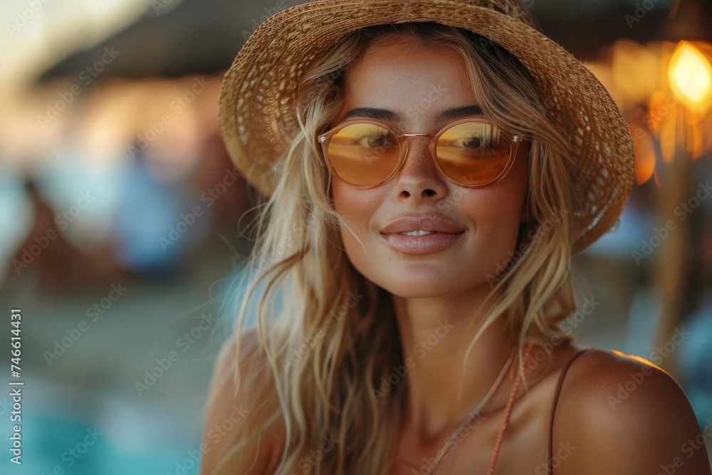 Trendy young woman with sunglasses at a beach bar reflected with summer vibes
