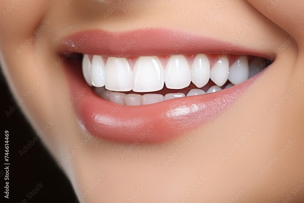 Close-up portrait of a confident person smiling brightly, showcasing flawless white teeth veneers Close-up portrait of a confident person smiling brightly, showcasing flawless white teeth veneers