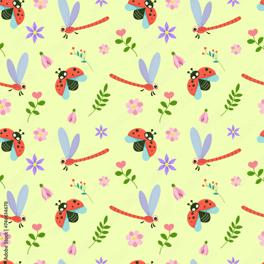 Seamless pattern of cute insects surrounded by spring flowers. Kawaii characters, ladybug and dragonfly. Pattern wrapper
