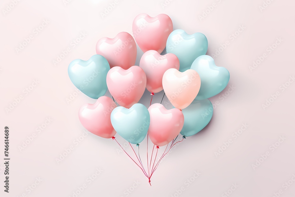 An artistic arrangement of birthday balloons in pastel colors, forming the shape of a heart on a white background, evoking feelings of love and happiness.