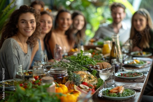 Group of friends enjoying a meal together in a lush green environment