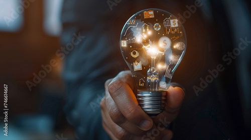 Businessman Holding Glowing Light Bulb with Financial Symbols Inside