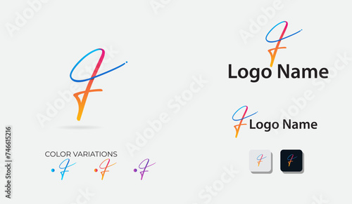 F letter logo design. Script F logo design. Lettering. Business. Font. F logo. Finance. Colorful logo art. Premium template. Modern. Icon