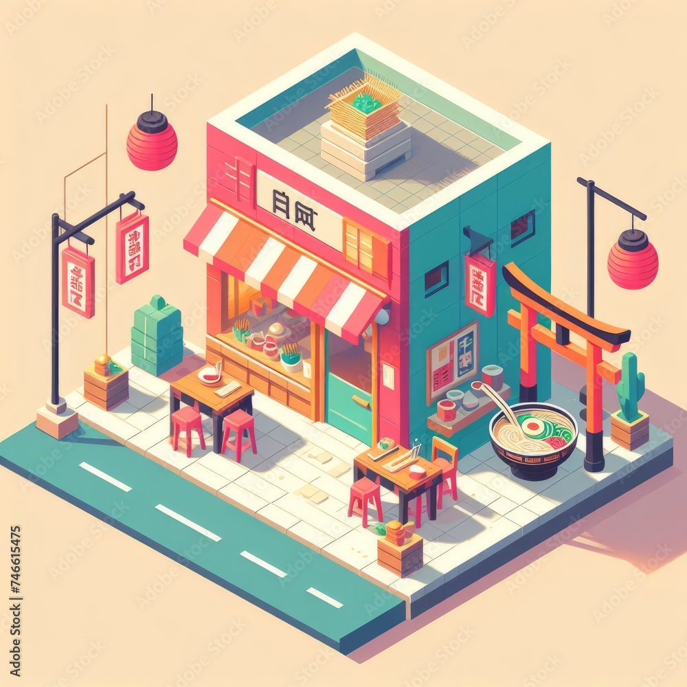 Isometric Design of a Ramen Shop with Relaxing Lo-Fi Vibes Illustration