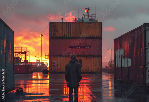 Man stands in front of container at sunset photo