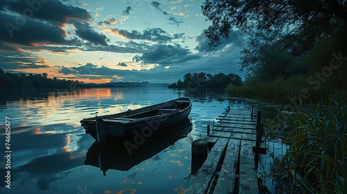 a boat's dock on a lake, in the style of soft, atmospheric lighting, light sky-blue and dark black, creative commons attribution, happenings, time-lapse photography photo