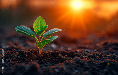 Young plant growing in the soil and the sunset