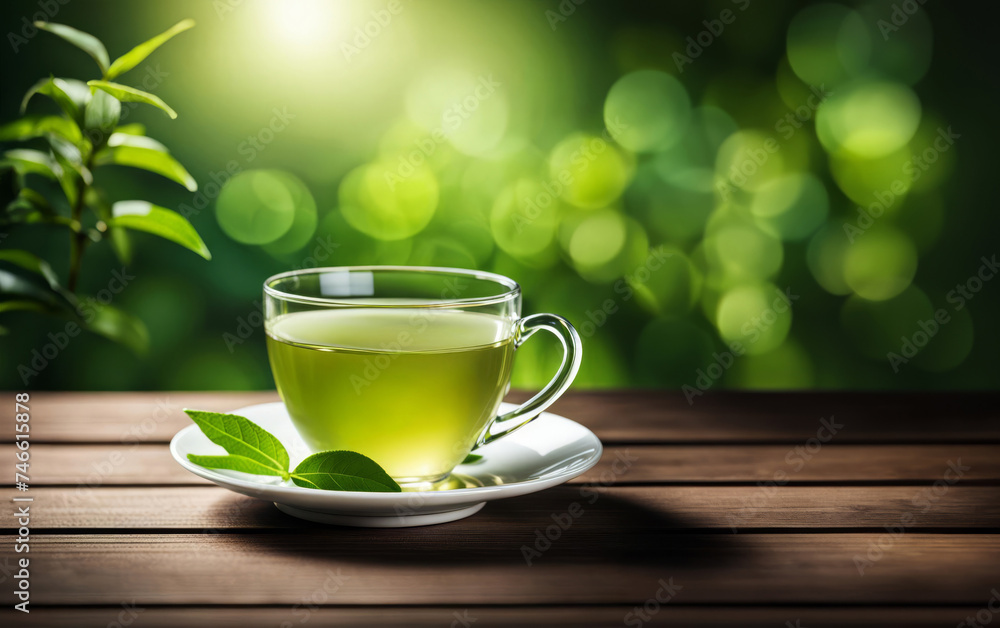 Glass cup of fresh green tea on wooden table Glass cup of fresh green tea on wooden table