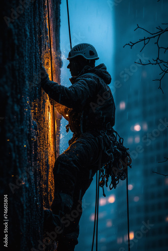 Man is climbing wall in the dark