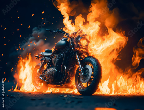 Dramatic image of a motorcycle engulfed in flames at night © breakingthewalls