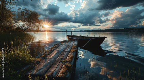 a boat's dock on a lake, in the style of soft, atmospheric lighting, light sky-blue and dark black, creative commons attribution, happenings, time-lapse photography photo
